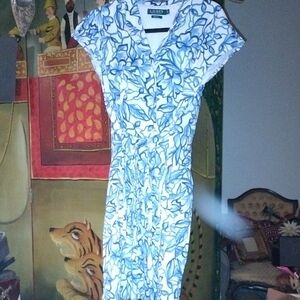 Ralph Lauren Blue and White Leaf Print Dress 16